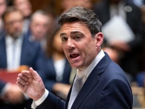 Britain's Prime Minister Andy Burnham speaks during Ministerial Statement on Government Direction at the House of Commons in London