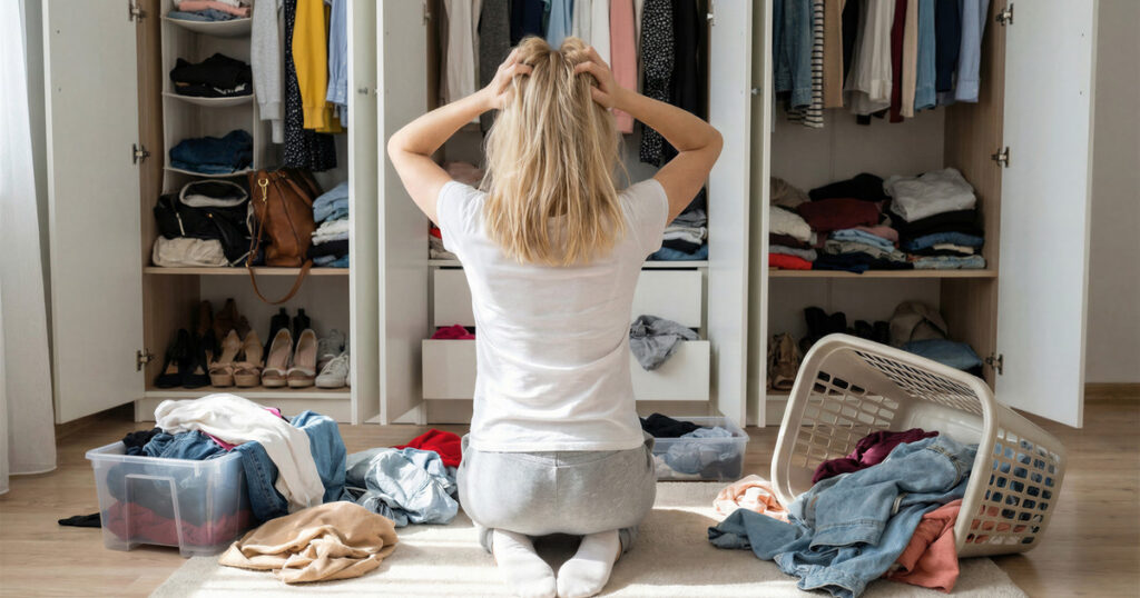 Stressed woman looking at messy closet full of clothes with laundry baskets on the floor at home