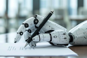 Humanoid robot arm is writing with a pen. Created with Generative AI