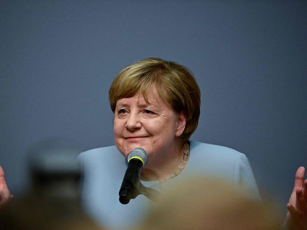 Presentation of the painting Portrait of former Federal Chancellor Angela Merkel by French-Canadian artist Jérémie Queyras