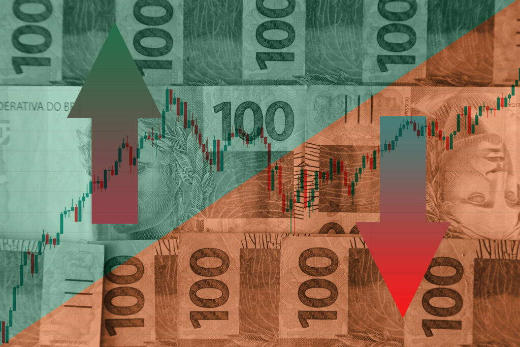 brazil money - green and yellow colors, stock exchange and national banknotes
