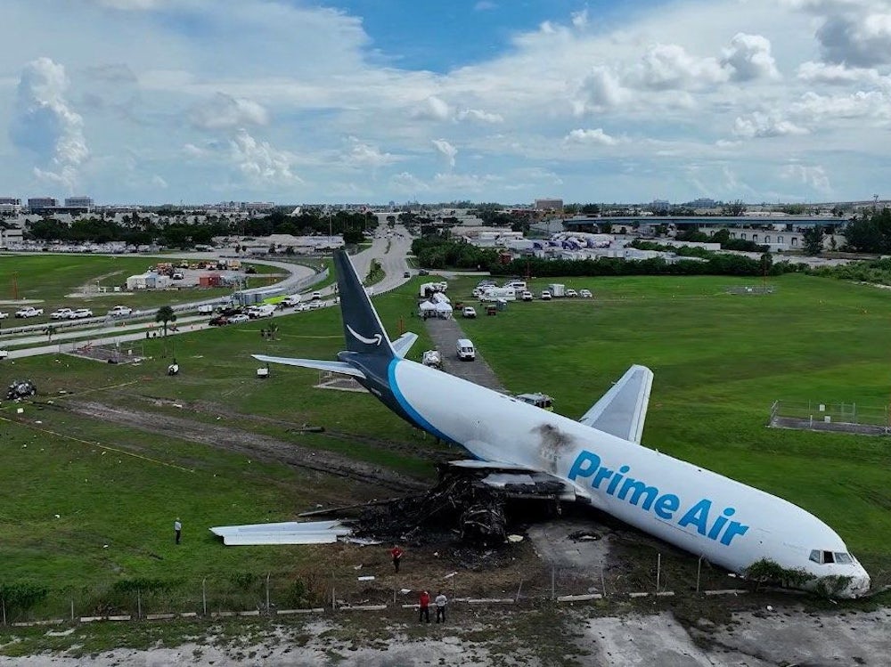A drone view of skid marks of an Amazon Prime Air cargo plane that overran a runway at Miami International Airport, in Miami